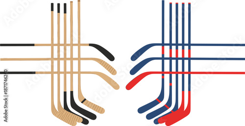 Collection of wooden and modern hockey sticks in multiple colors and angles illustrated in clean detailed sports vector style
