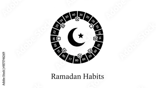 Ramadan habits and routines circular tracker with crescent moon and star symbol on white background for daily schedule and time management with Islamic