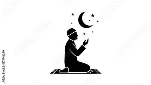 Man kneeling on prayer mat under crescent moon and stars at night in contemplative prayer with faith and spiritual and islamic and ramadan and praying