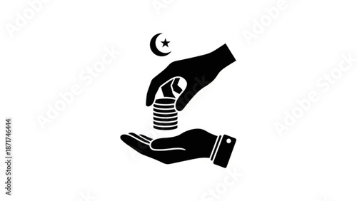 Islamic charity zakat concept with hands giving coins and crescent moon symbol with charity concept and donation and philanthropy and generosity