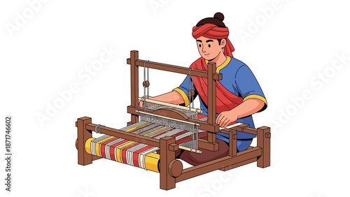 Traditional Weaver Working on a Loom with Colorful Threads, Illustrating Heritage Craftsmanship