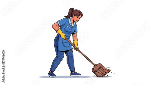 Professional cleaner diligently sweeping floor with a broom, showcasing efficient and thorough work in maintaining a tidy and hygienic environment