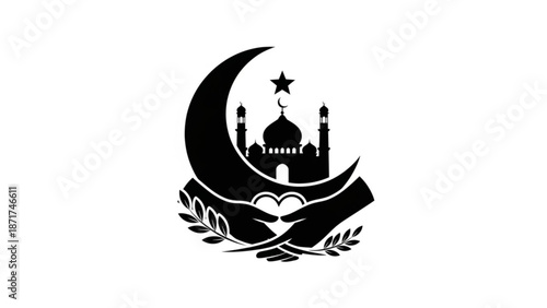 Black silhouette of hands holding heart with mosque and crescent moon on white background symbolizing faith and charity during ramadan with Islam