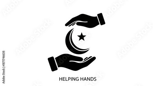 Helping hands supporting islamic charity concept with crescent moon and star symbol vector illustration with community and faith and religion