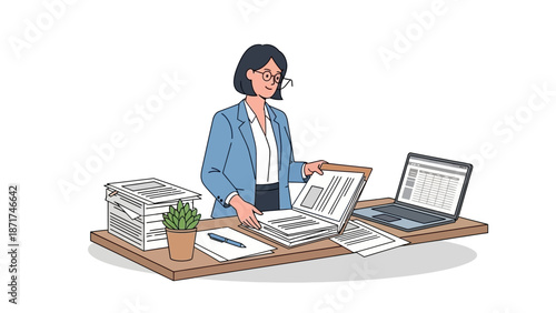 Woman in a business suit organizing documents and charts on a desk with a laptop and plants