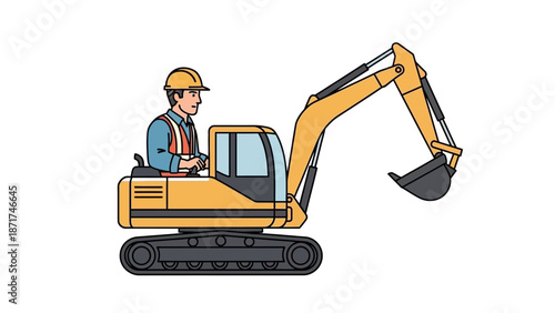 Illustrative depiction of a skilled construction worker operating a powerful excavator, showcasing industrial machinery and earthmoving operations on a job site