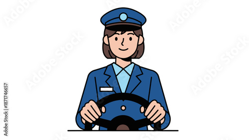 Illustration of a person in uniform driving a vehicle, behind the wheel