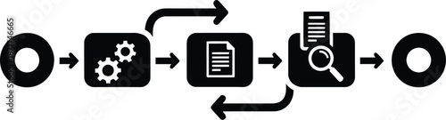 Simple black and white flowchart diagram illustrating a sequential process involving data transformation document creation and final analytical review steps