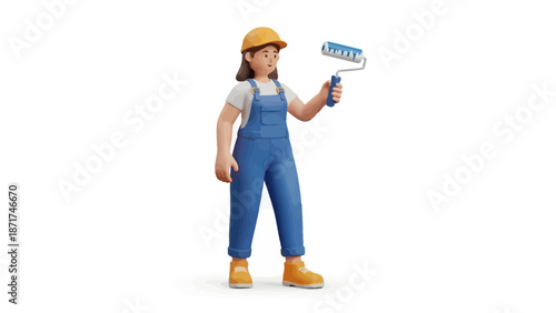 Construction worker in blue overalls and yellow hard hat holding a paint roller for home renovation