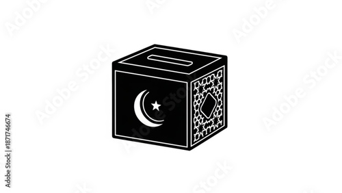 Black donation box with islamic crescent moon and star symbol on white background illustration with Islamic symbol and charity and zakat and sadaqah