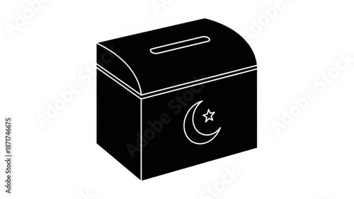 Black charity donation box with crescent moon and star symbol on white background with charity box and simple design and nonprofit icon and islamic symbol