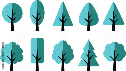 Flat tree icon set illustration, cyan teal forest nature trees collection, simple vector design isolated