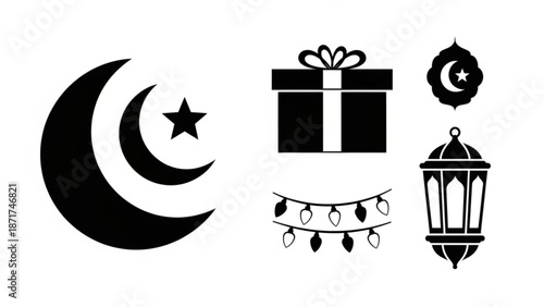 Black islamic ramadan kareem decorations and symbols including crescent moon star gift lantern and string lights on white background with Eid