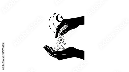 Black silhouette hands holding and pouring beads under crescent moon and star symbol on white background for ramadan kareem or islam concept