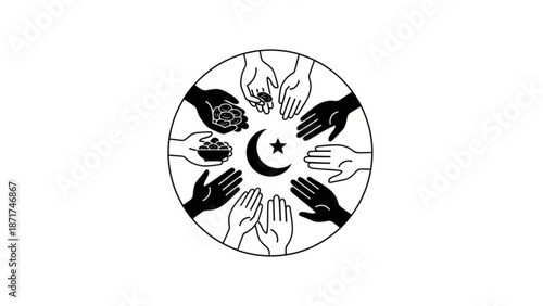 Diverse hands surrounding crescent moon and star symbol in circle charity illustration with diversity and unity and community and support and Islam