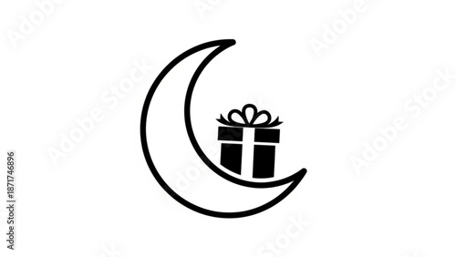 A black line art illustration of a crescent moon with a gift box wrapped in a ribbon on its curve with minimalist and symbolic and icon and graphic