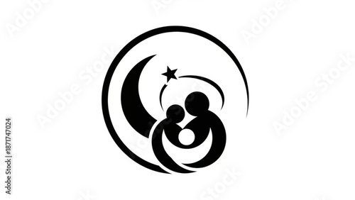 Black silhouette of mother and child under crescent moon and star in circle with family and love and parenting and icon and logo and illustration
