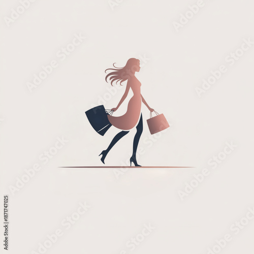 Fashionable woman walking in heels carrying shopping bags silhouette on soft beige background retail lifestyle concept for boutique sale advertisement customer loyalty branding and online store banner