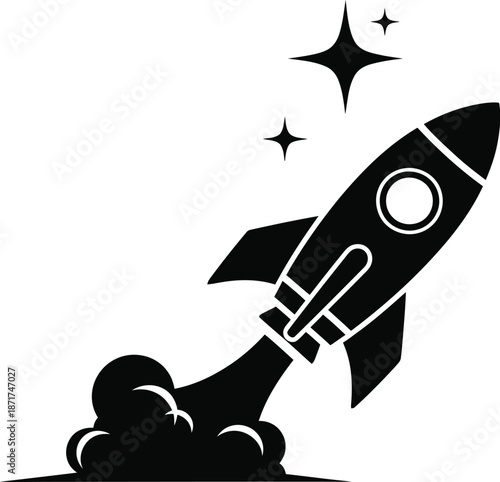 Simple black and white vector icon depicting a stylized rocket launch ascending rapidly with smoke trails and bright sparkling stars in the upper area