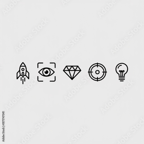 Minimal line icon row featuring rocket launch eye scanner diamond target and light bulb on white background for startup branding innovation dashboard ui and creative technology presentation