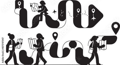 Travel and transportation concept with silhouetted people moving