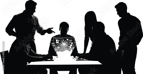 Silhouette of a diverse business team collaborating intently around a holographic interface displaying futuristic data analysis during a crucial high technology meeting
