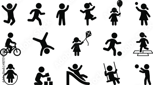 Kids activity silhouette icon set, children playing sports games playground actions, black vector pictogram collection isolated