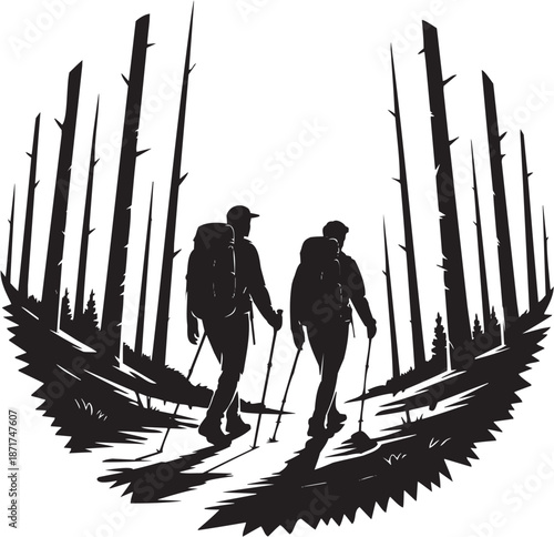 Nature trail vector illustration for travel logo or tattoo art. Silhouette glyph of hikers walking through forest trees