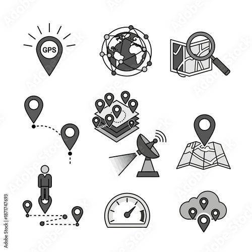 GPS navigation icons for mapping and location tracking applications, perfect for tech startups and innovative travel services, originally a scalable vector graphic