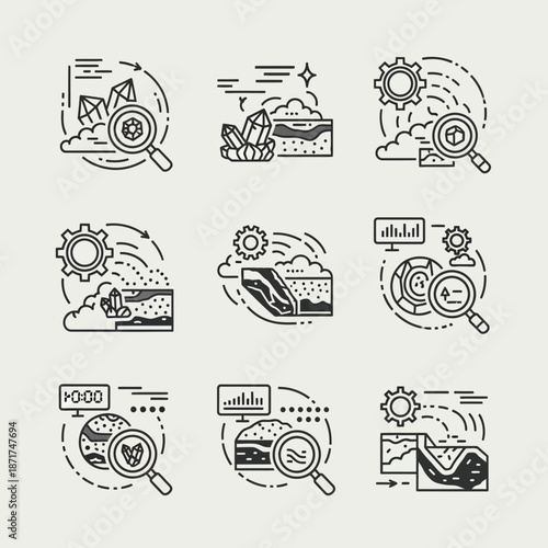 Explore earth's elements with geological icons, science and research in stylish line art perfect for presentations, infographics or website design