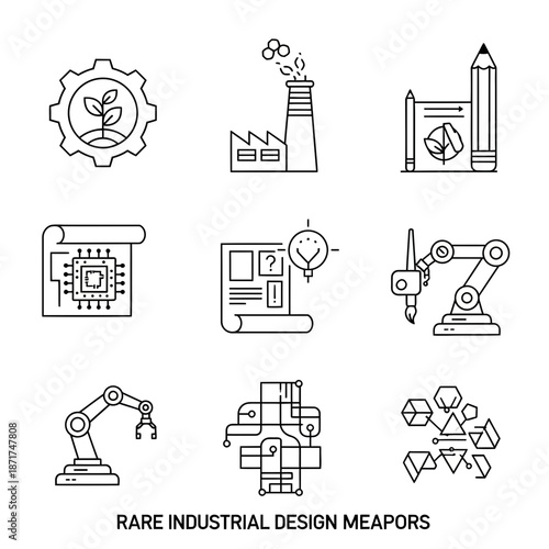 Innovative industrial design elements showcase sustainable technology, automation, and engineering solutions for a modern future, originally a scalable vector graphic