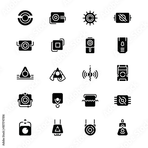 Modern black icons, capturing technology and security, ideal for app development and website design, hinting at innovation and cutting-edge technology