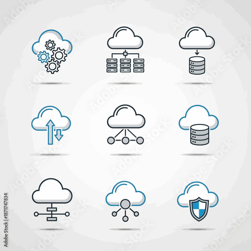 Modern cloud computing icons symbolize data storage, networking, and protection, ideal for technology businesses and modern digital solutions, originally a vector