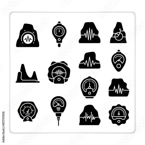 Seismograph instruments measuring seismic activity, modern glyph style, perfect for science education materials, geology, engineering, and natural disaster awareness
