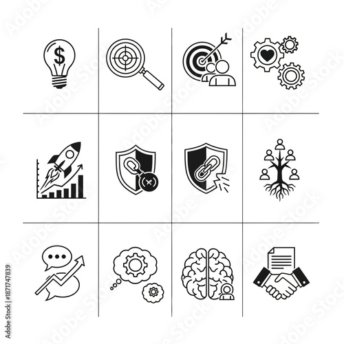 Unleash Business Potential with Dynamic Strategy Icons: Innovation, Growth, Security, and Collaboration, originally a scalable vector graphic