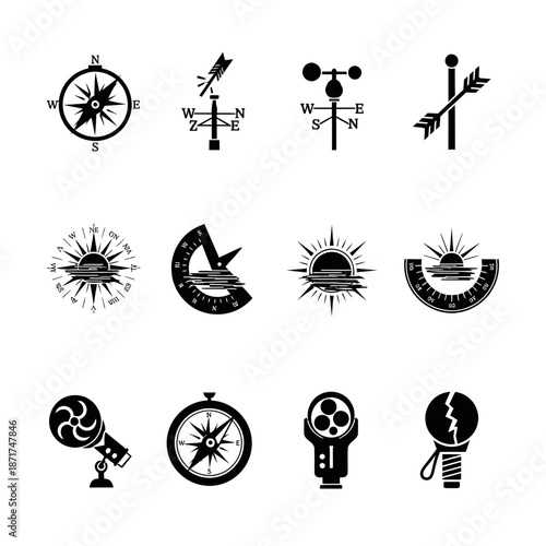 Explore nautical adventures and chart your course with vintage compasses and weather vanes for travel, exploration, and historical designs, originally scalable