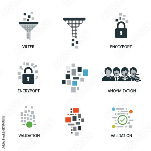 Modern data security icons for business solutions, featuring encryption, validation, filtering, and anonymization for enhanced data protection and compliance