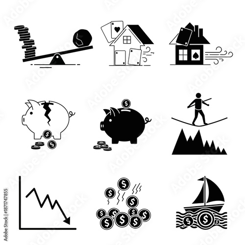 Navigate financial risk and uncertainty using vector graphics, representing balance, market downturn, gambling risks, and the precarious nature of investments