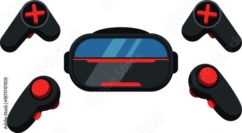 Virtual reality gaming headset illustration, red VR controllers set, immersive technology device, modern gaming vector design isolated