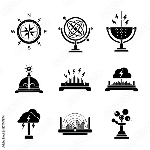 Explore weather science icons, a collection of forecast tools like compass, anemometer, and storm tracker for engaging educational content and design projects