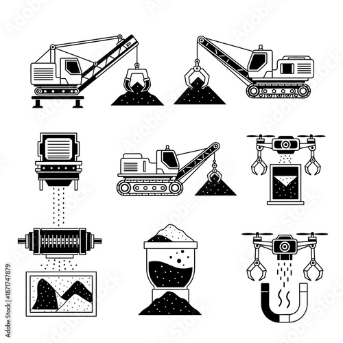Innovative mining extraction methods with modern machinery and drone technology for efficient resource management, originally a scalable vector graphic