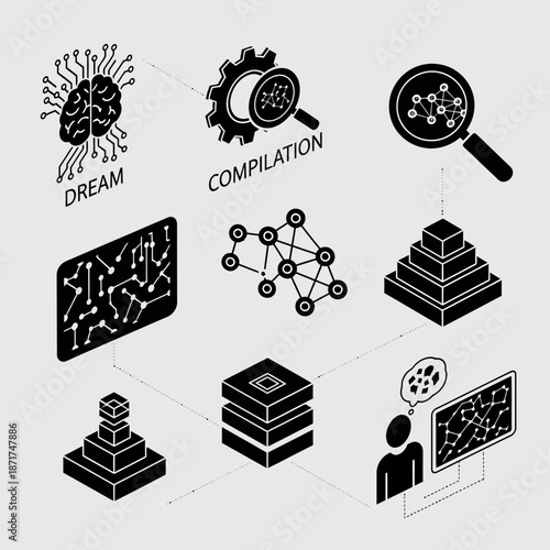 Data science concept with mind, code compilation, research, processing, analysis and a data scientist, perfect for illustrating AI or machine learning