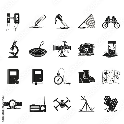 Outdoors adventure essentials ready for exploration, featuring scientific tools, navigation, camping gear, and a drone for capturing stunning aerial shots