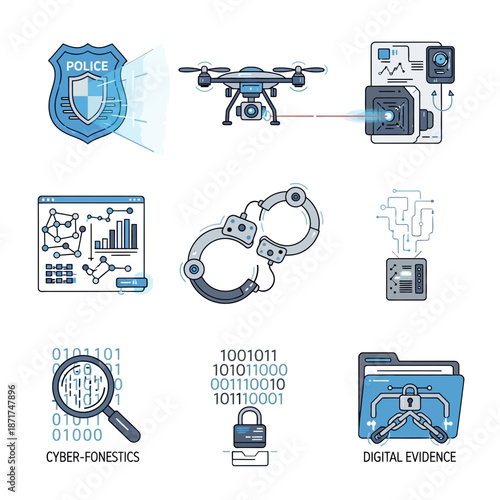 Digital forensics investigation with cybercrime analysis, data security, and police evidence using technology for law enforcement, originally vector graphic