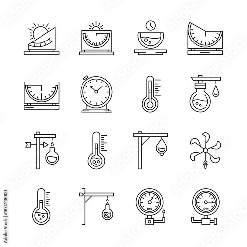 Discover accurate measurement icons for your next project, featuring sundials, clocks, thermometers, and scientific equipment in minimalist line art style