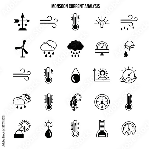 Monsoon forecast icons signal heavy rain, strong winds and changing temperatures, all elements essential for weather analysis and climate awareness campaigns