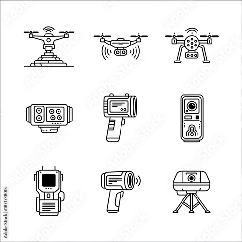 Explore cutting-edge technology with this sleek, scalable drone and thermal imaging icon collection, perfect for innovative designs and modern tech visualizations
