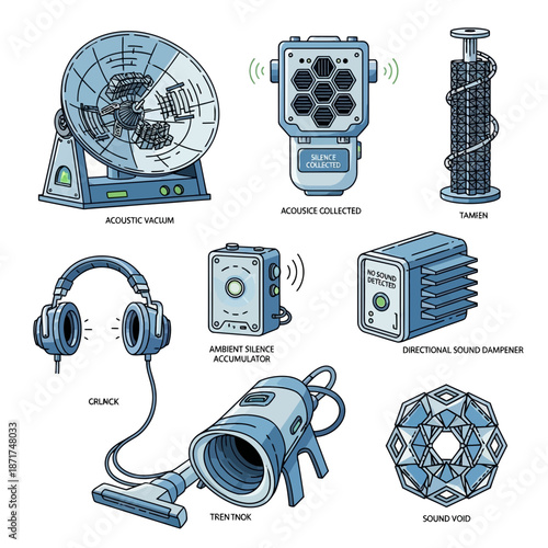 Futuristic noise canceling devices for advanced technology, illustrating silence technology, noise reduction, and innovative sound management solutions