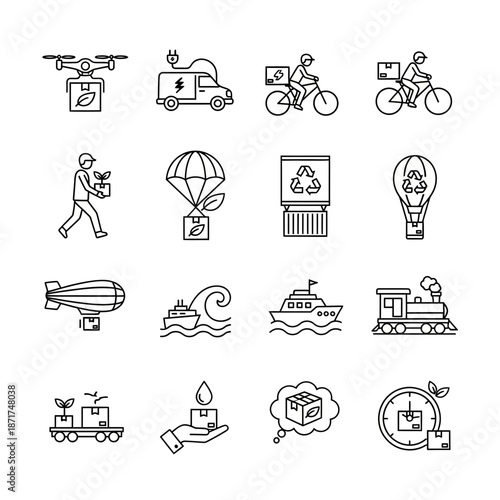 Eco-Friendly Delivery Icons Showcasing Sustainable Shipping Options Like Drones, Electric Vehicles, and Bicycles for a Greener Planet, Originally a Scalable Graphic