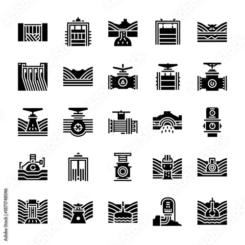 Water management icons depicting dams, valves and irrigation systems, ideal for infrastructure, environment, and engineering projects in a modern style